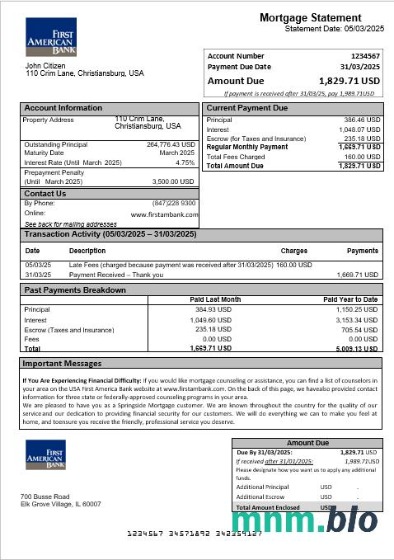 USA First America Bank wyciąg z kredytu hipotecznego w formatach Word i PDF